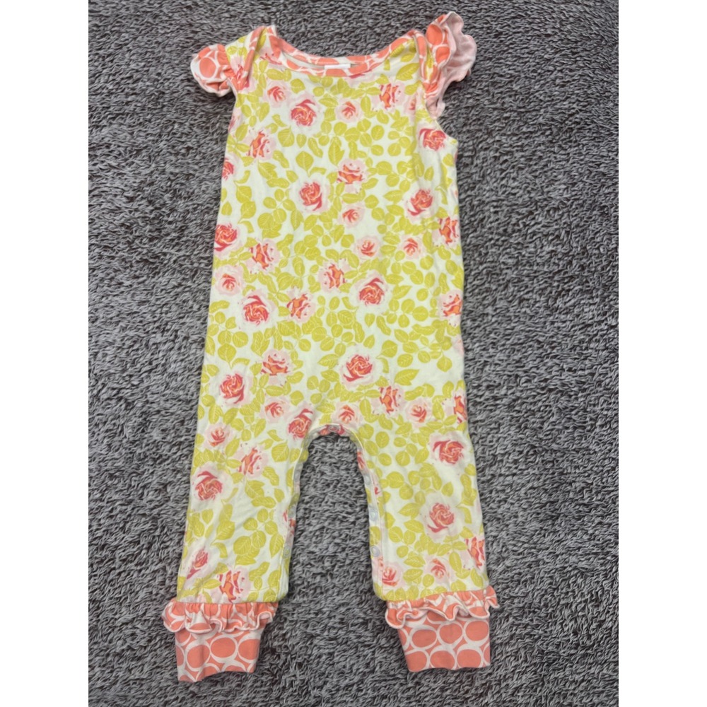 Ricrac & Ruffles Baby Girls Floral Romper Yellow Pink Rose Ruffle 12M A8-1204